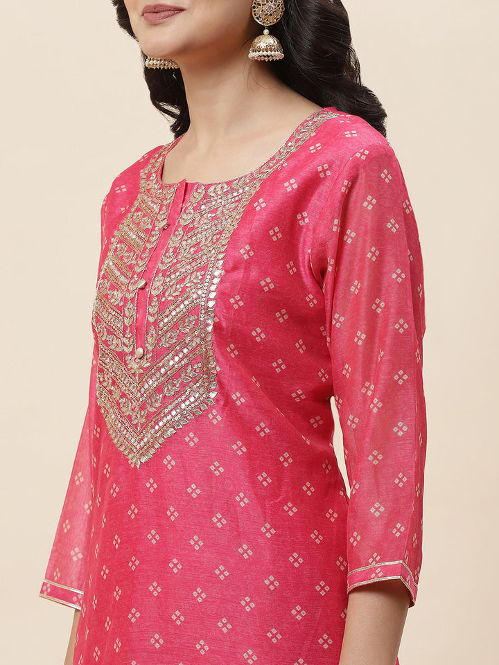 Bandhani Printed Chanderi Kurta With Pants &amp; Dupatta