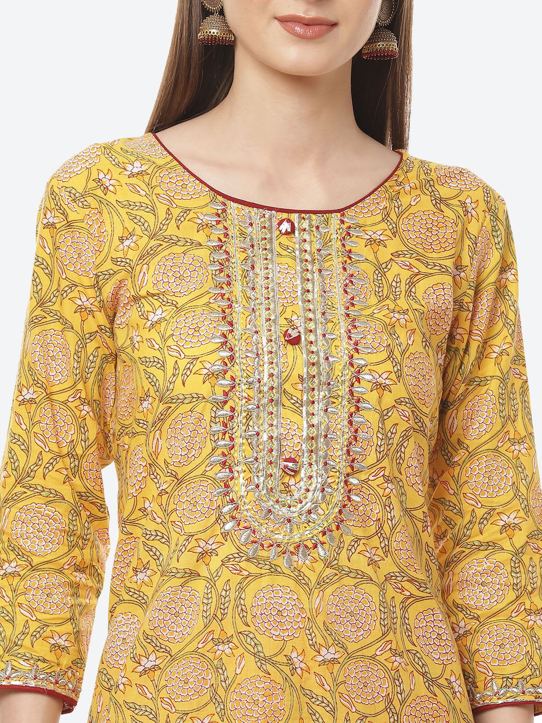 Printed Neck Embroidered Cotton Kurti