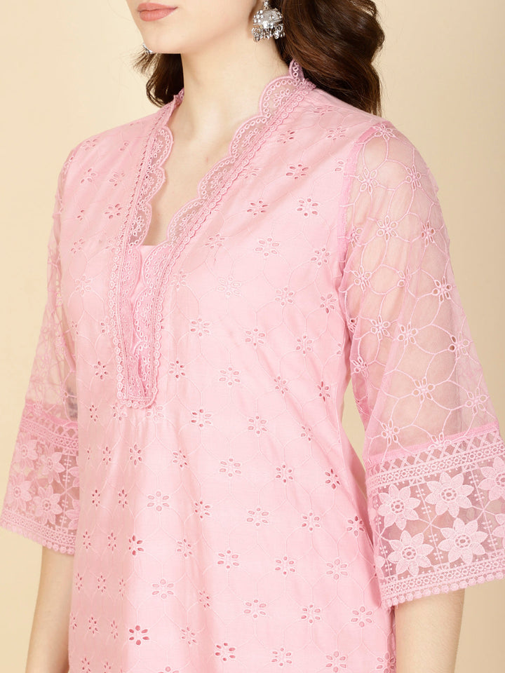 Thread Embroidery Cotton Kurta With Pants