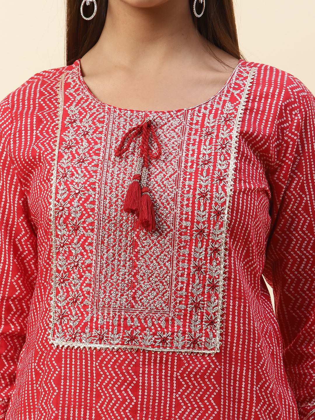 Printed &amp; Neck Embroidered Cotton Kurta