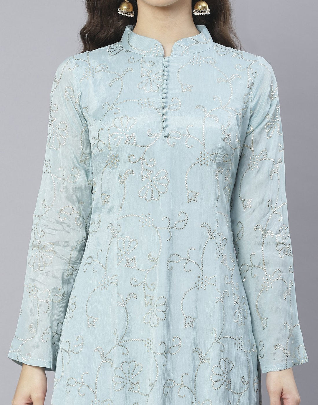 Aqua Blue and Pink Art Crepe Salwar Kameez