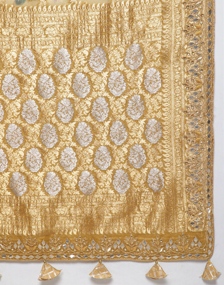 MBZ Meena Bazaar-Floral  Printed Banarsi  Khaddi with Gotta Patti Border