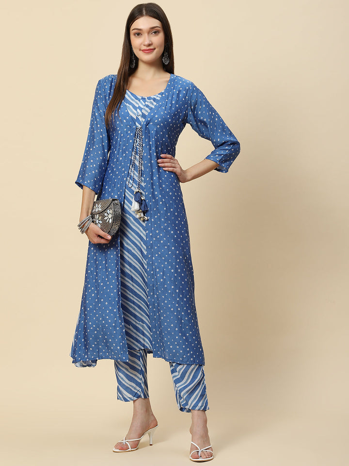 Leheriya Printed Muslin Kurta With Pants &amp; Jacket