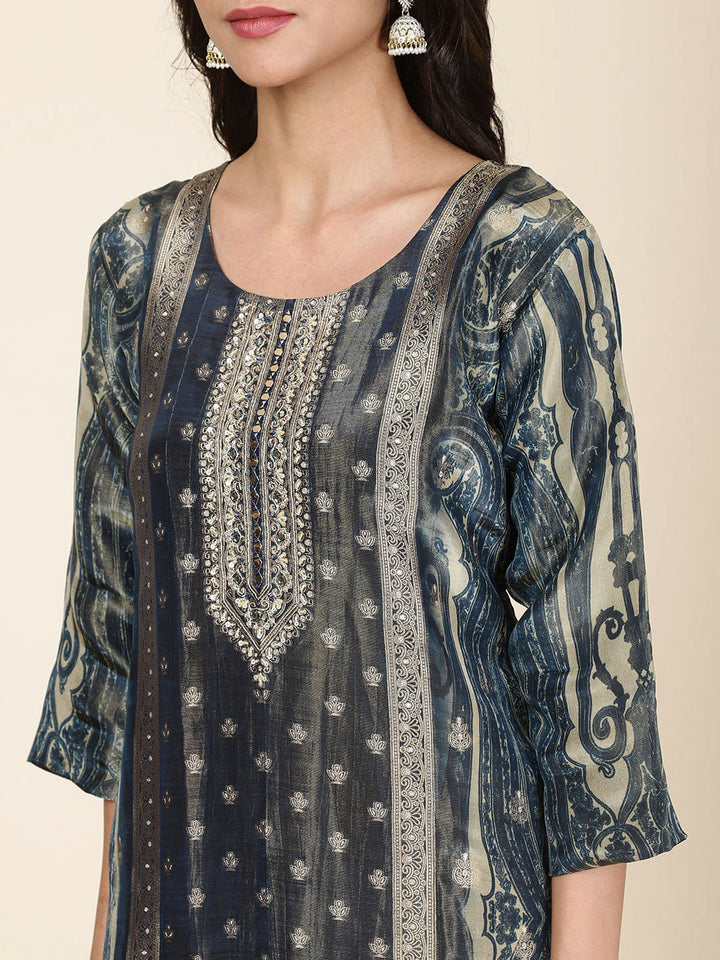 Neck Embroidery Tissue Kurta With Pants &amp; Dupatta