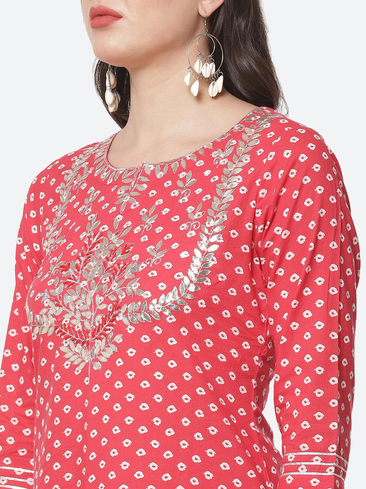 Printed Gota Work Cotton Kurti With Bandhani Printed Skirt