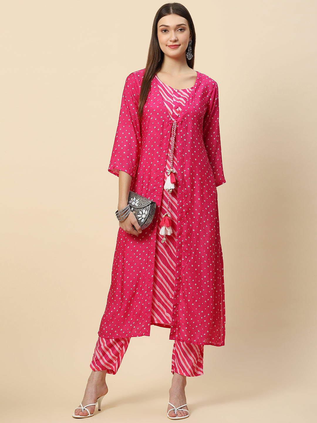 Leheriya Printed Muslin Kurta With Pants &amp; Jacket