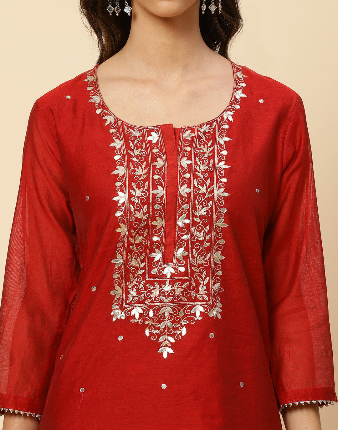 Embroidered Gota Work Cotton Salwar Kameez Stitched Suit With Chanderi Dupatta