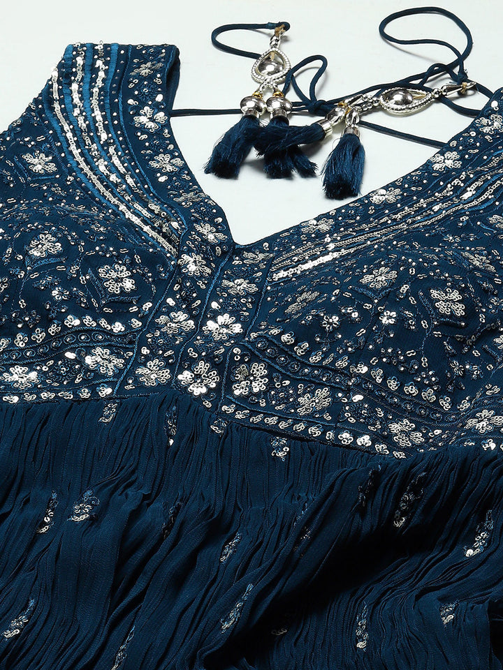 Sequin Embroidery Georgette Kurta With Palazzo &amp; Dupatta