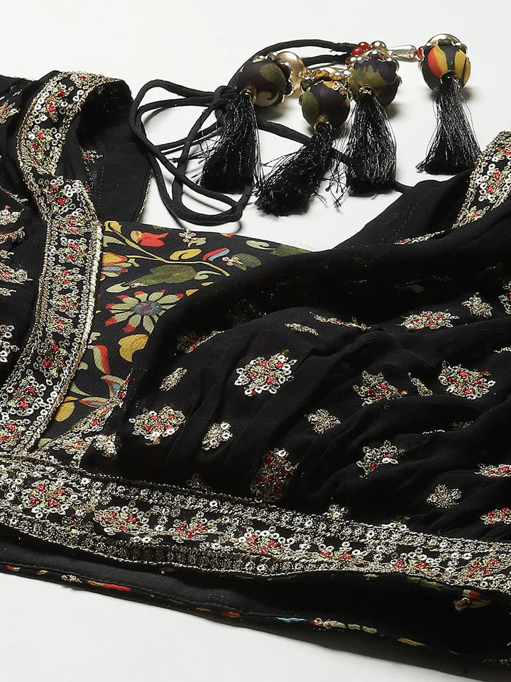 Sequin Embroidered Georgette Choli With Lehenga &amp; Dupatta