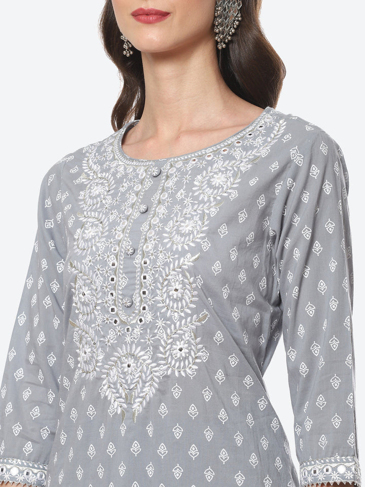 Resham Work Printed Cotton Kurta With Palazzo