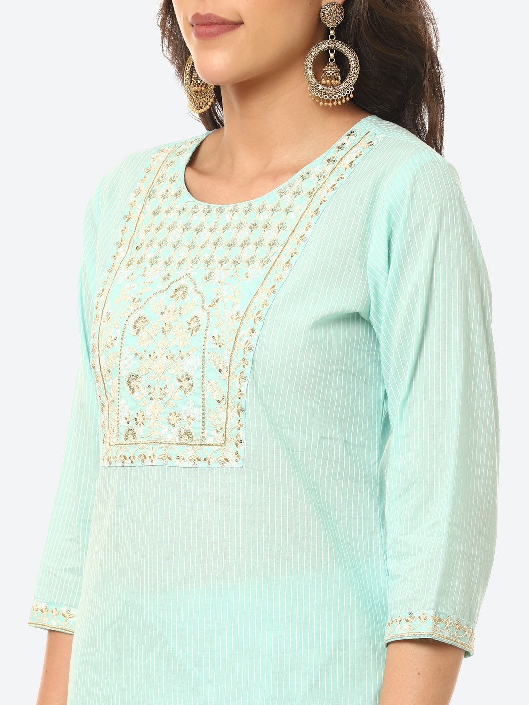 Zari Embroidered Yoke Printed Cotton Kurta With Pant