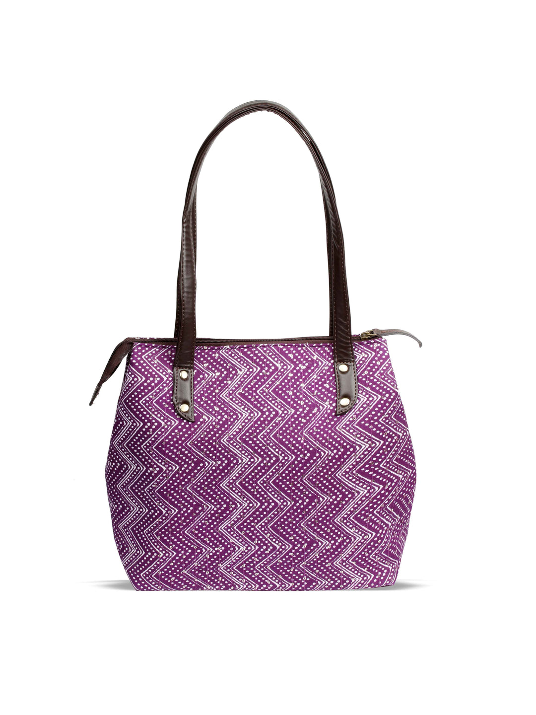 Purple Printed Cotton Handbag With Pouch