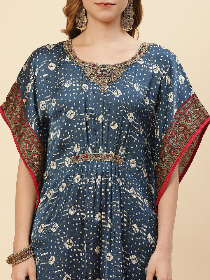 Printed Satin Navy Blue Colored Kaftan