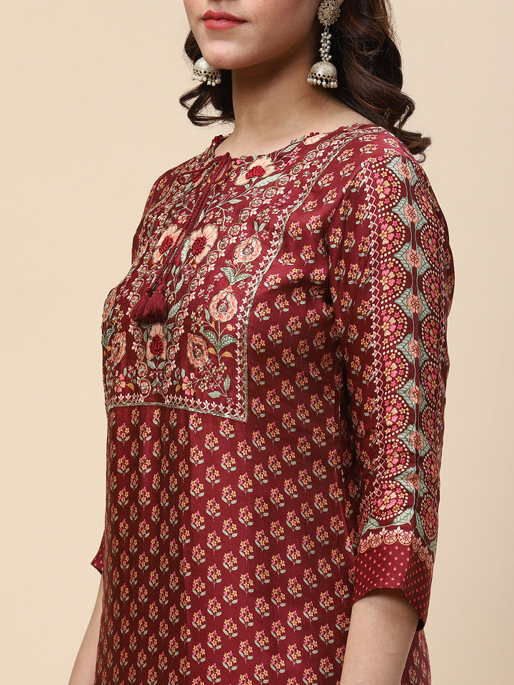 Zari Neck Embroidered &amp; Printed Satin Kurta