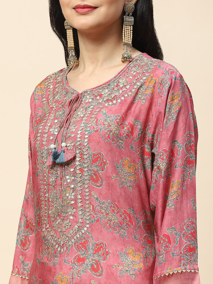 Printed With Yoke Embroidered Muslin Kurta