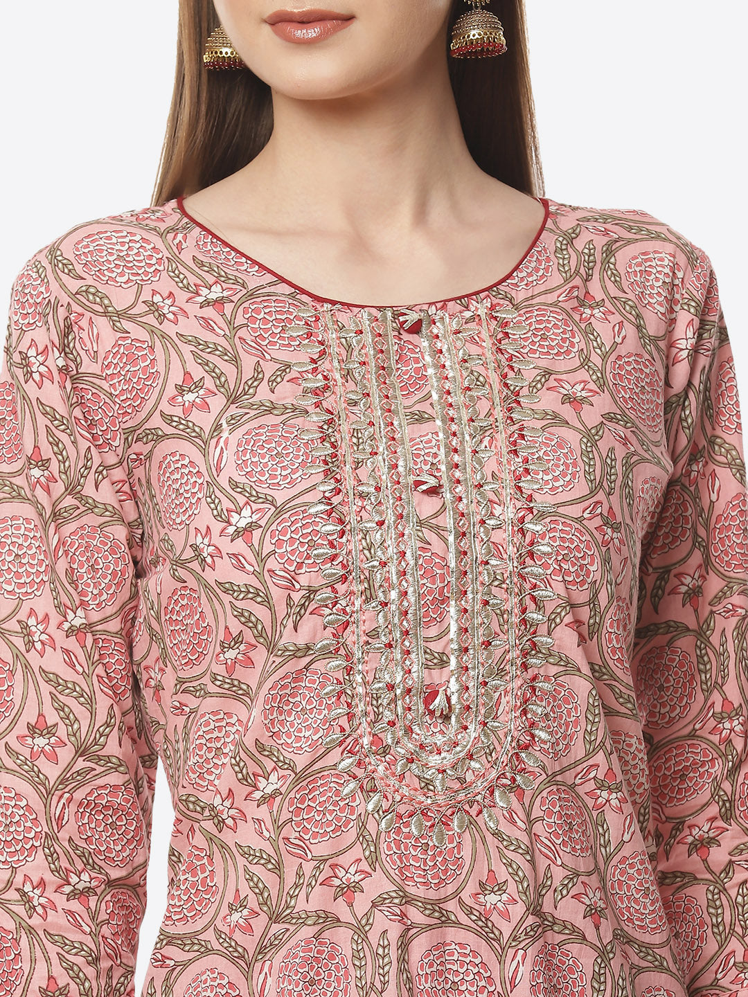 Printed Neck Embroidered Cotton Kurti