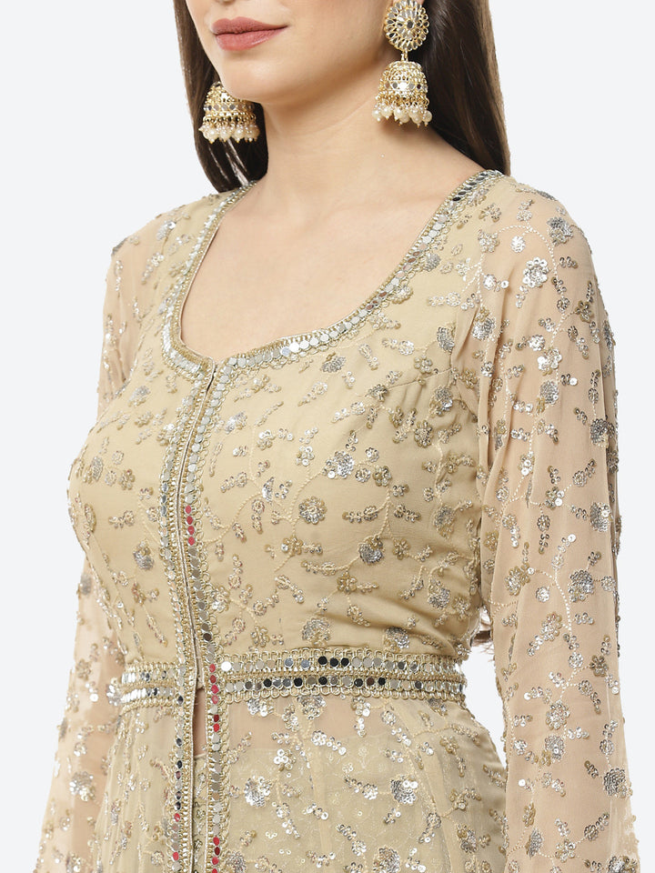 Embroidered Georgette Anarkali Kurti With Lehenga And Net Dupatta