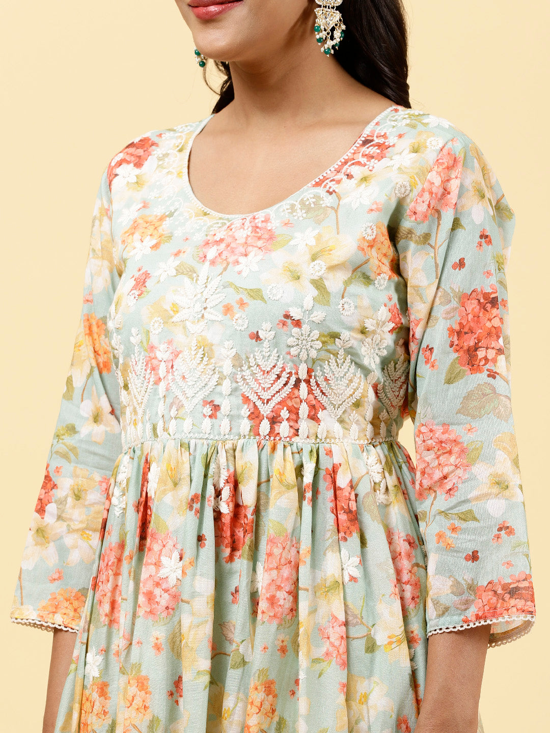 Floral Printed &amp; Neck Embroidered Cotton Kurta