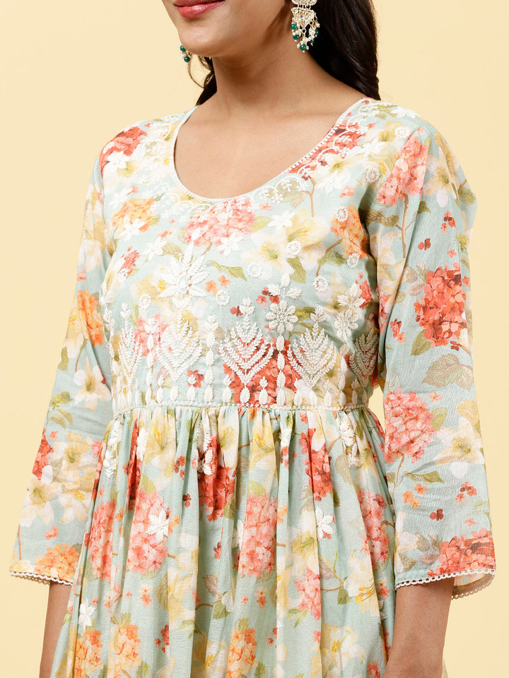 Floral Printed &amp; Neck Embroidered Cotton Kurta