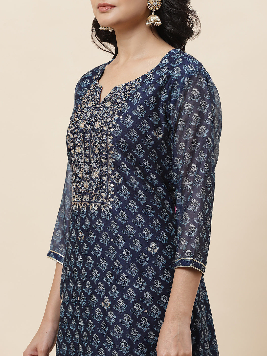 Floral Printed Chanderi Kurta With Pants &amp; Dupatta