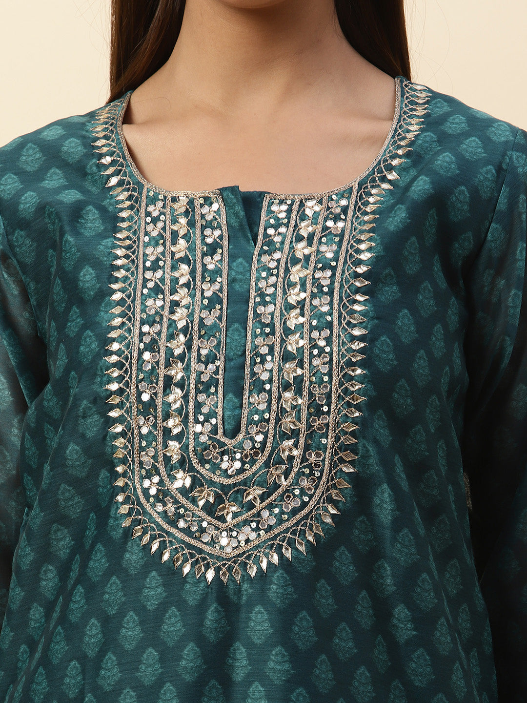 Printed &amp; Neck Embroidered Chanderi Kurta With Pants