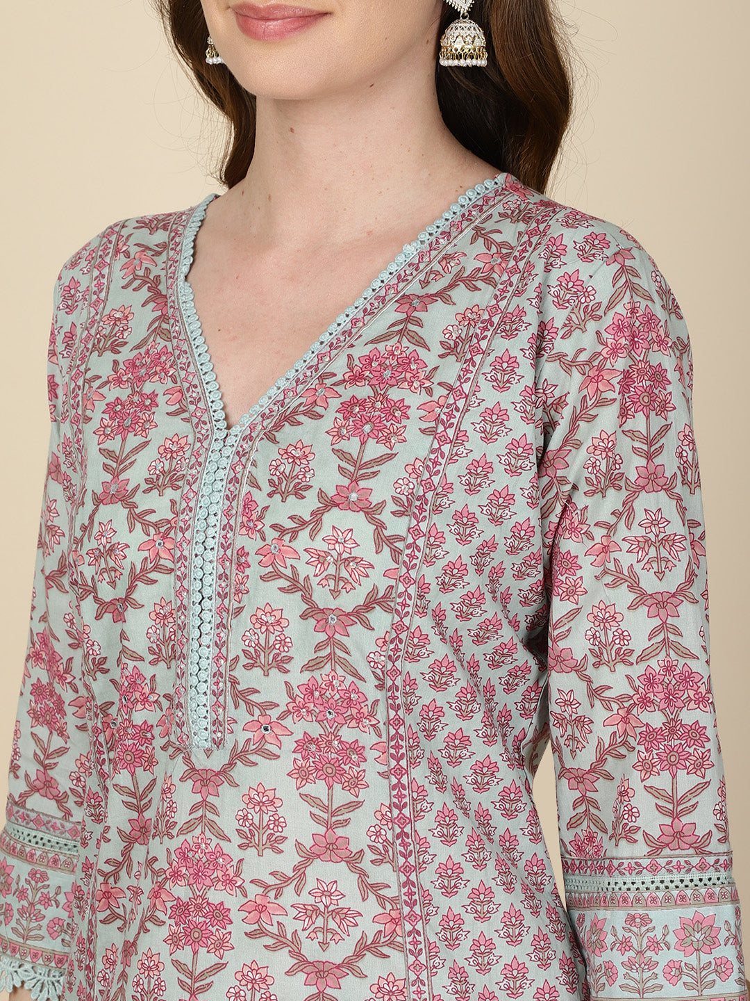 Floral Printed Cotton Kurta With Pants &amp; Dupatta