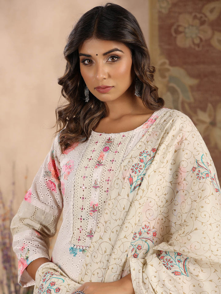 Printed Cotton Kurta With Pants &amp; Dupatta