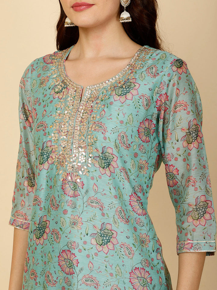 Floral Printed Chanderi Kurta With Pants &amp; Dupatta