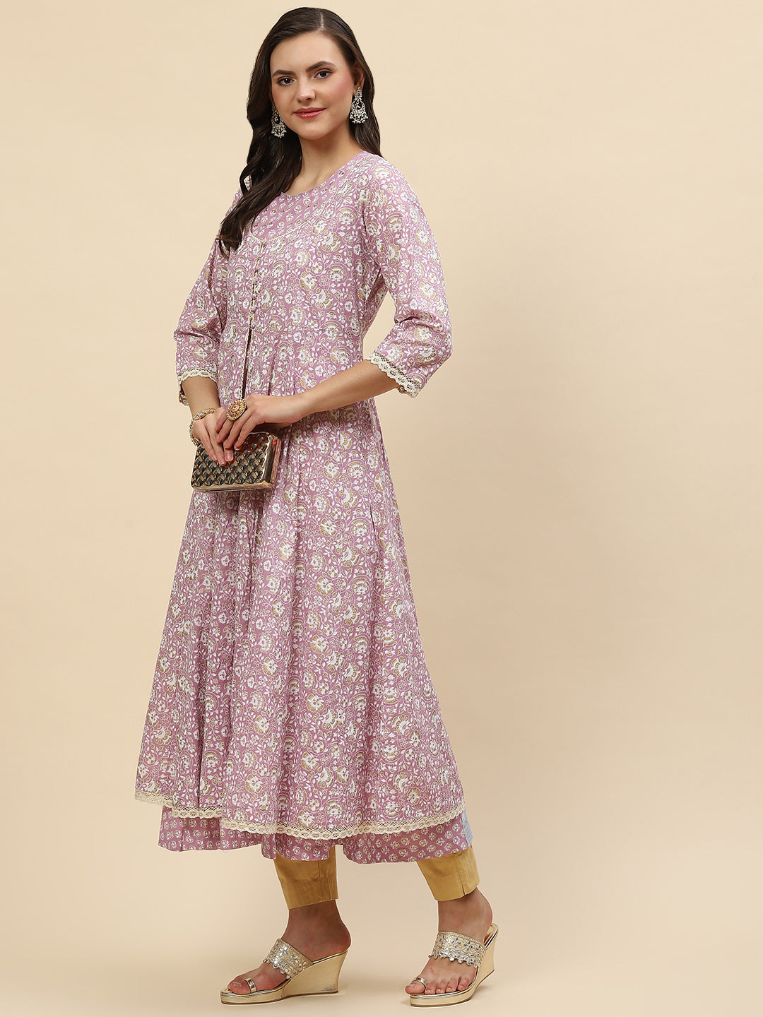 Floral Printed Cotton Anarkali Kurta With Jacket