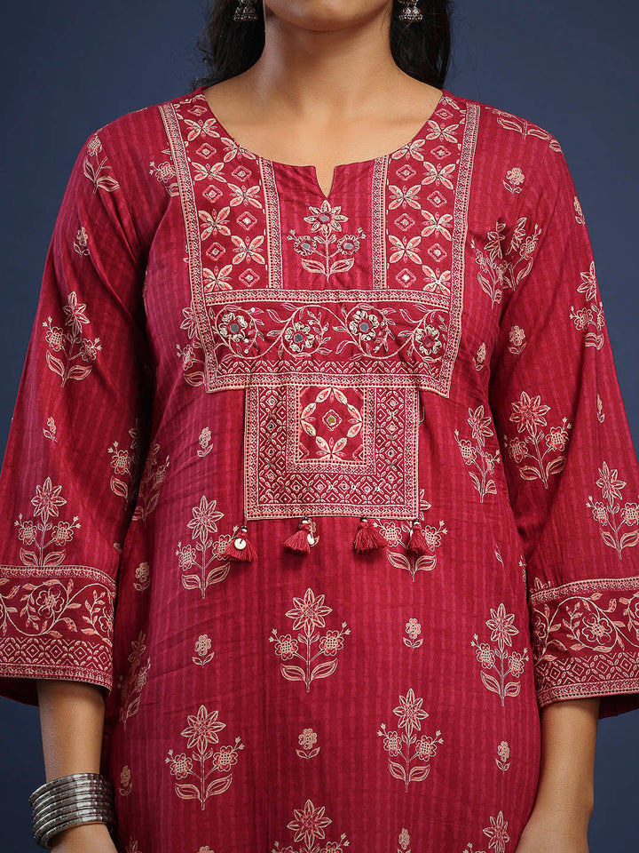 Wine Cotton Blend Printed A Line Suit Set
