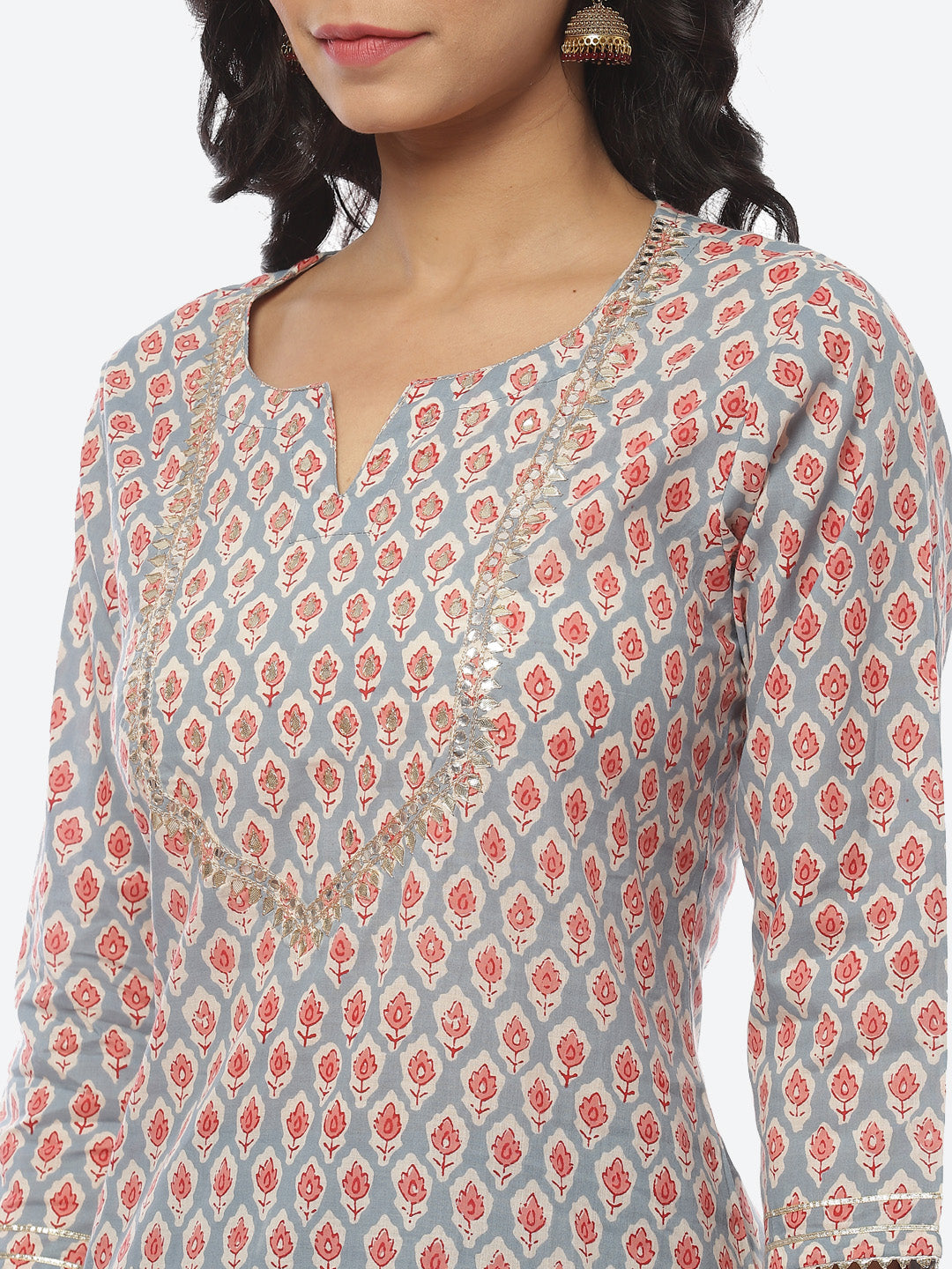 Printed Gota Neck Cotton Kurti With Pant