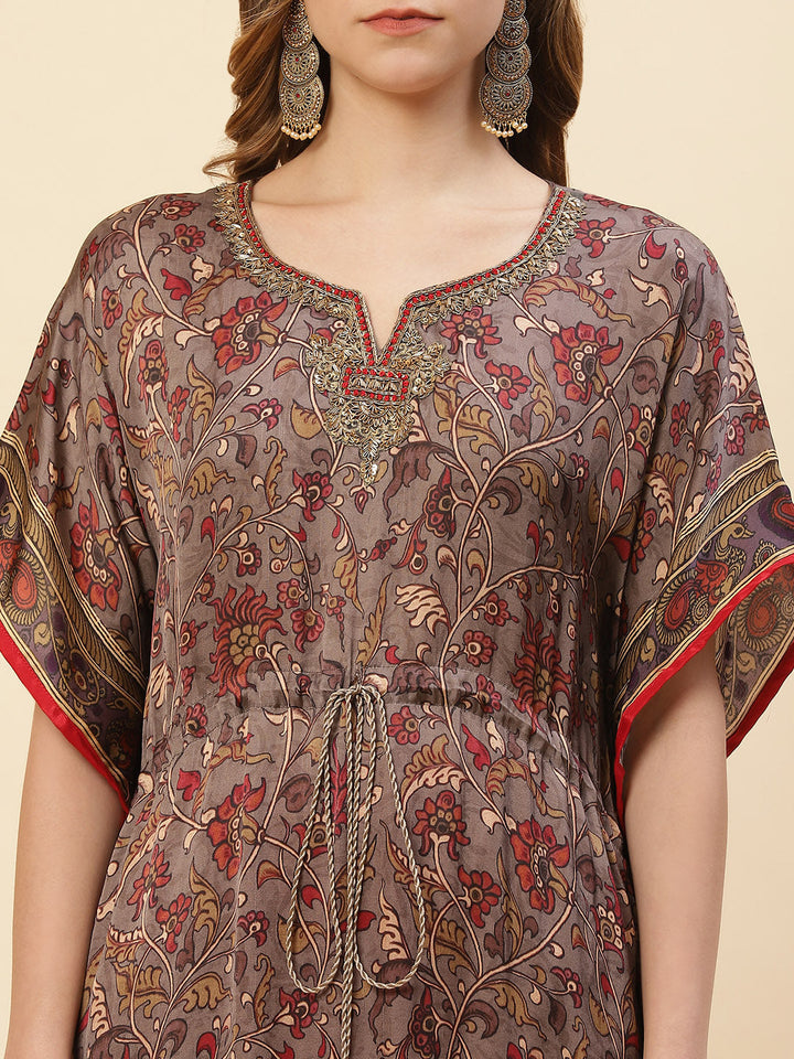 Printed Satin Grey Colored Kaftan