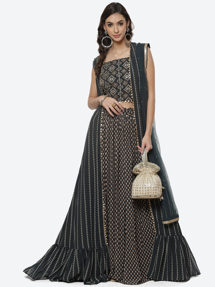 Paisley Printed Crepe Jacket With Lehenga Choli And Net Dupatta