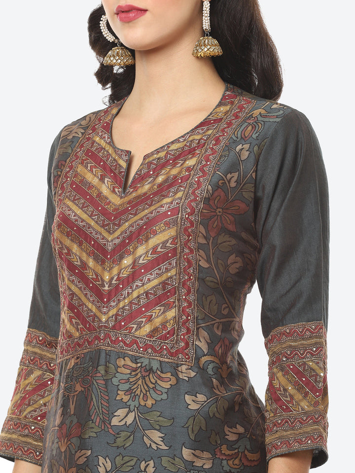 Floral Printed Chanderi Kurti With Pant