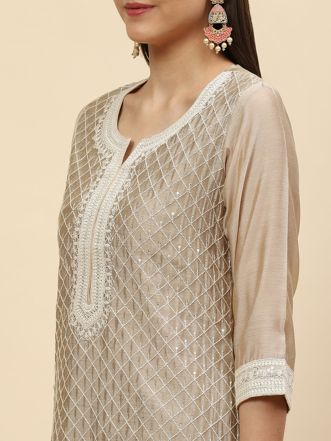 Sequin Embroidered Chanderi Kurta With Pants