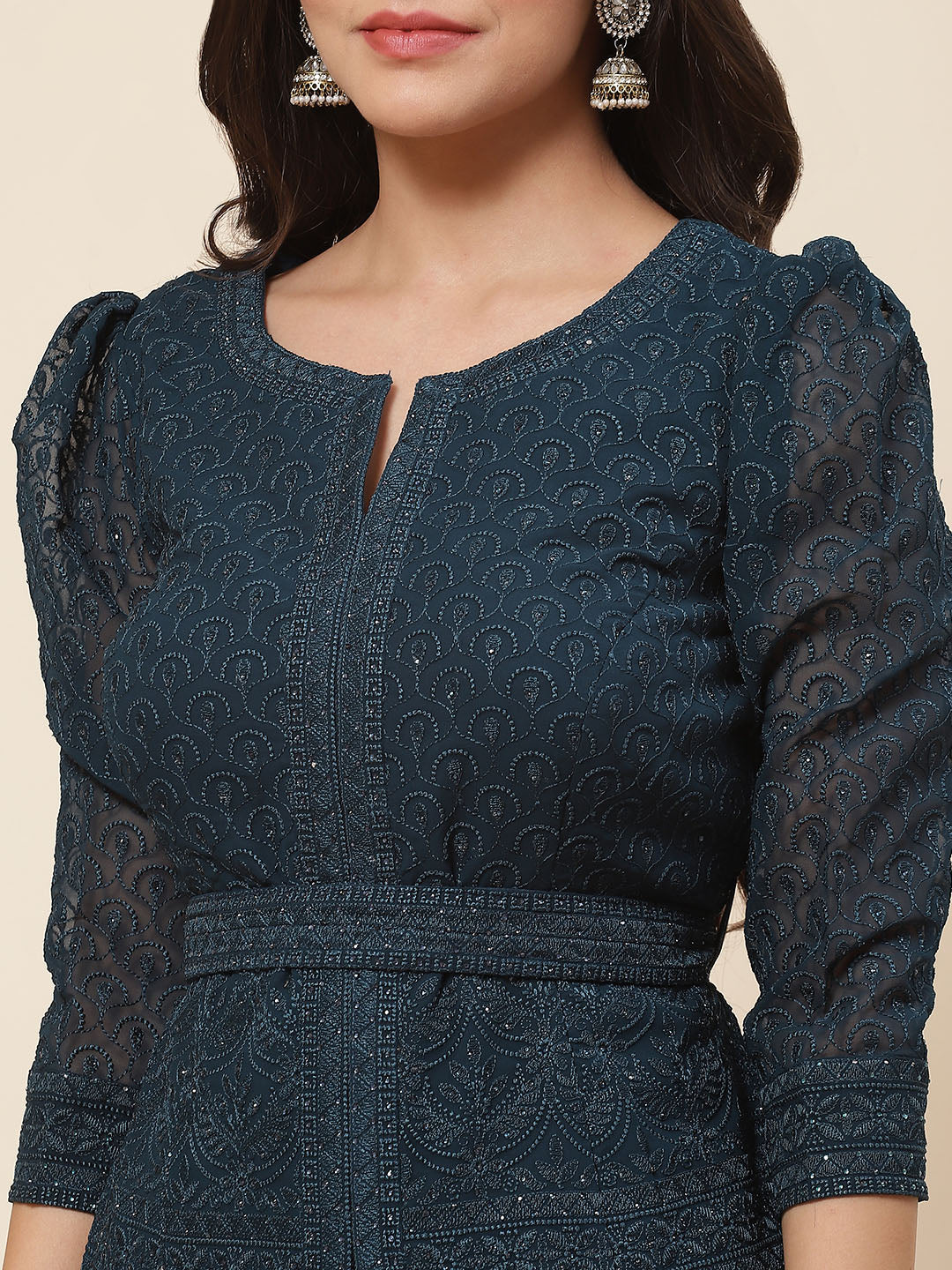 Resham Embroidered Georgette Kurti With Palazzo &amp; Dupatta