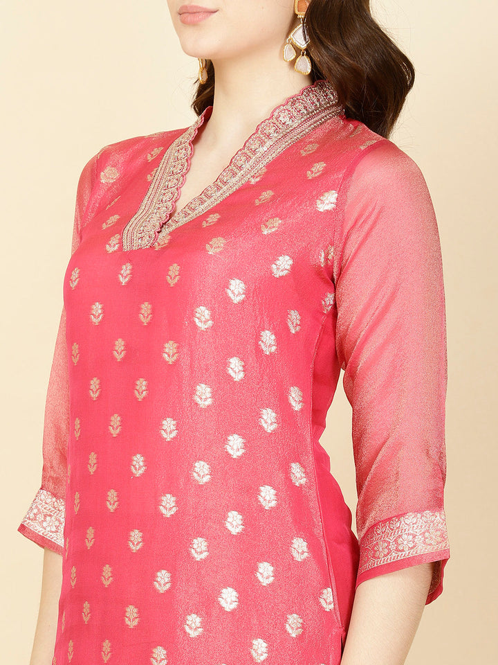 Floral Woven Tissue Kurta With Pants &amp; Dupatta