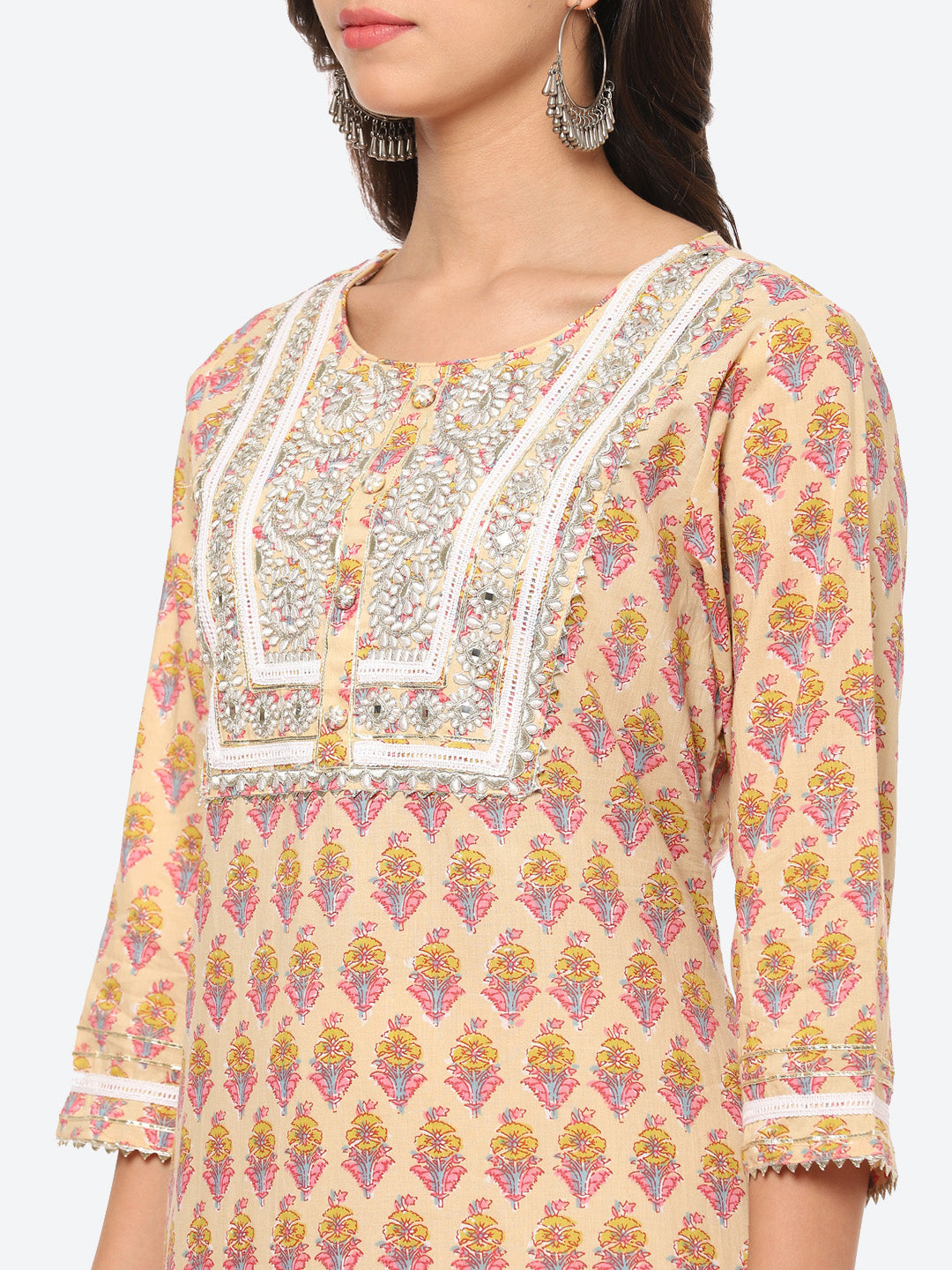 Zari Neck Embroidered Cotton Kurta With Palazzo