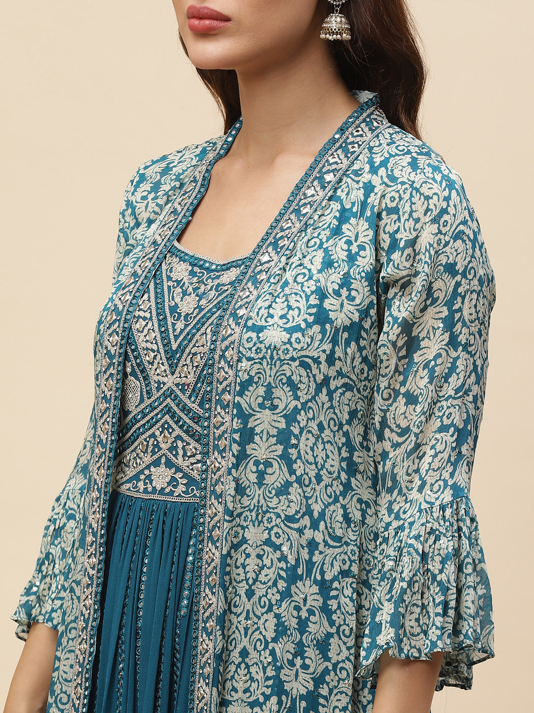 Neck Embroidered Georgette Gown With Jacket &amp; Dupatta