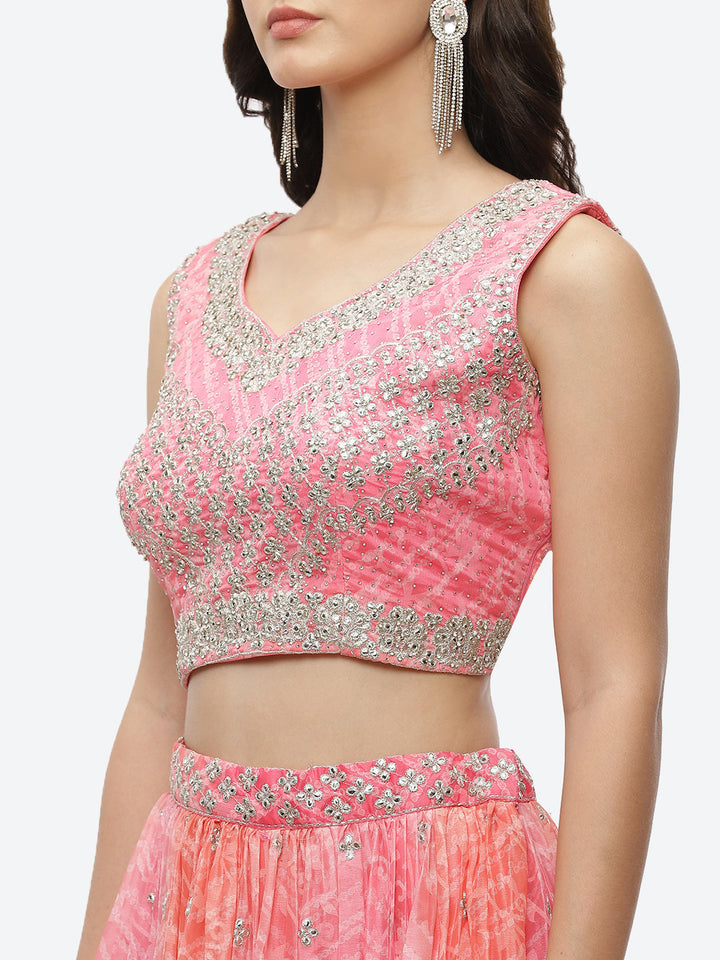 Zari Booti Embroidered Crepe Choli With Lehenga &amp; Net Dupatta