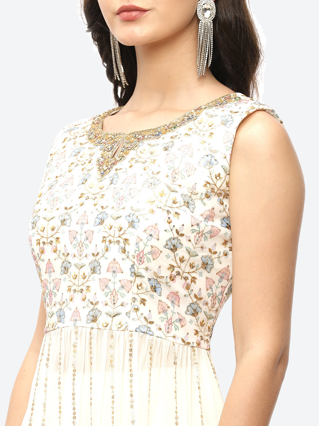 Zari Embroidered Georgette Kurta With Palazzo &amp; Dupatta