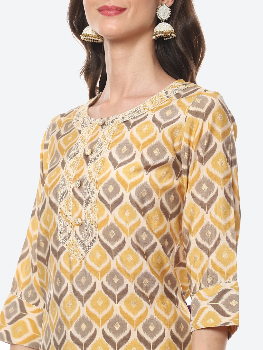Printed Neck Embroidered Patti Chanderi Kurta With Pant