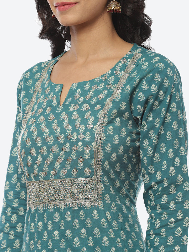 Printed Zari Neck Cotton Kurti With Pant