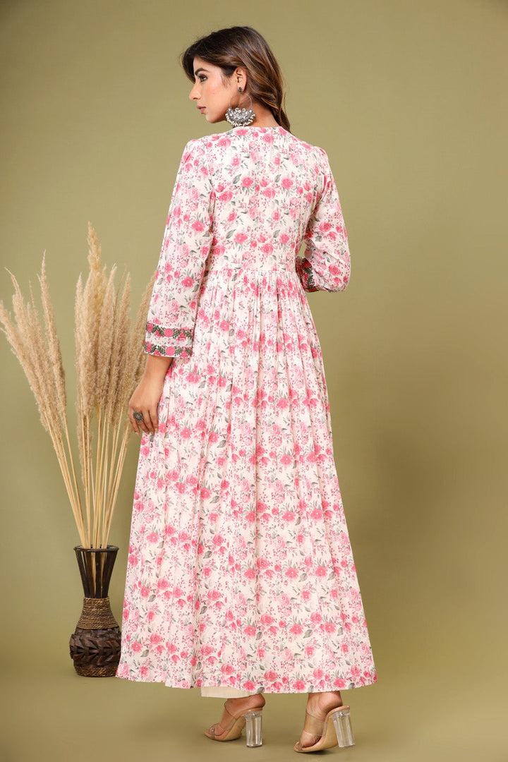 Floral Printed Cotton Kurta With Pants &amp; Dupatta