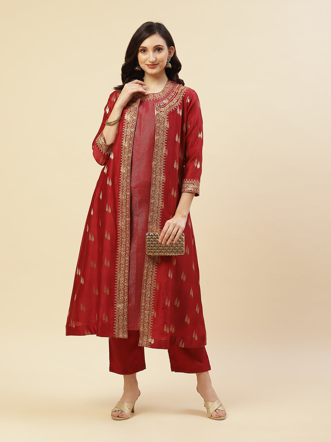 Embroidered Chanderi Kurti With Jacket And Pant