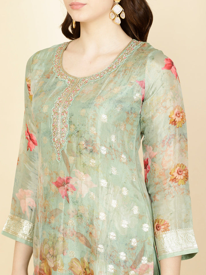 Floral Printed &amp; Woven Organza Kurta With Pants &amp; Dupatta