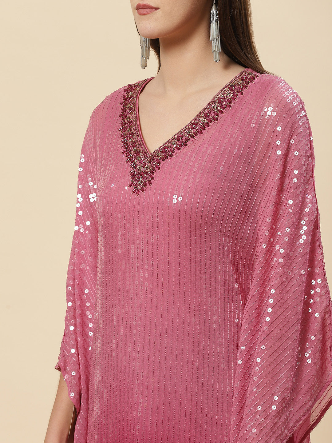 Sequin Embroidered Georgette Kaftan Kurta With Pants