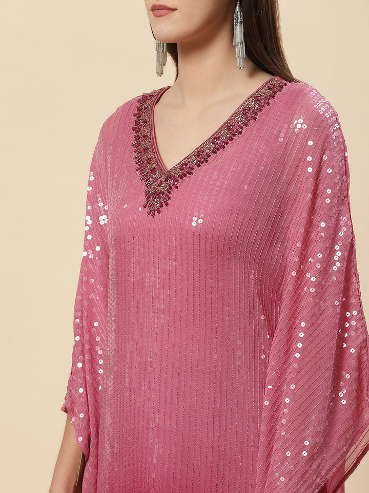 Sequin Embroidered Georgette Kaftan Kurta With Pants