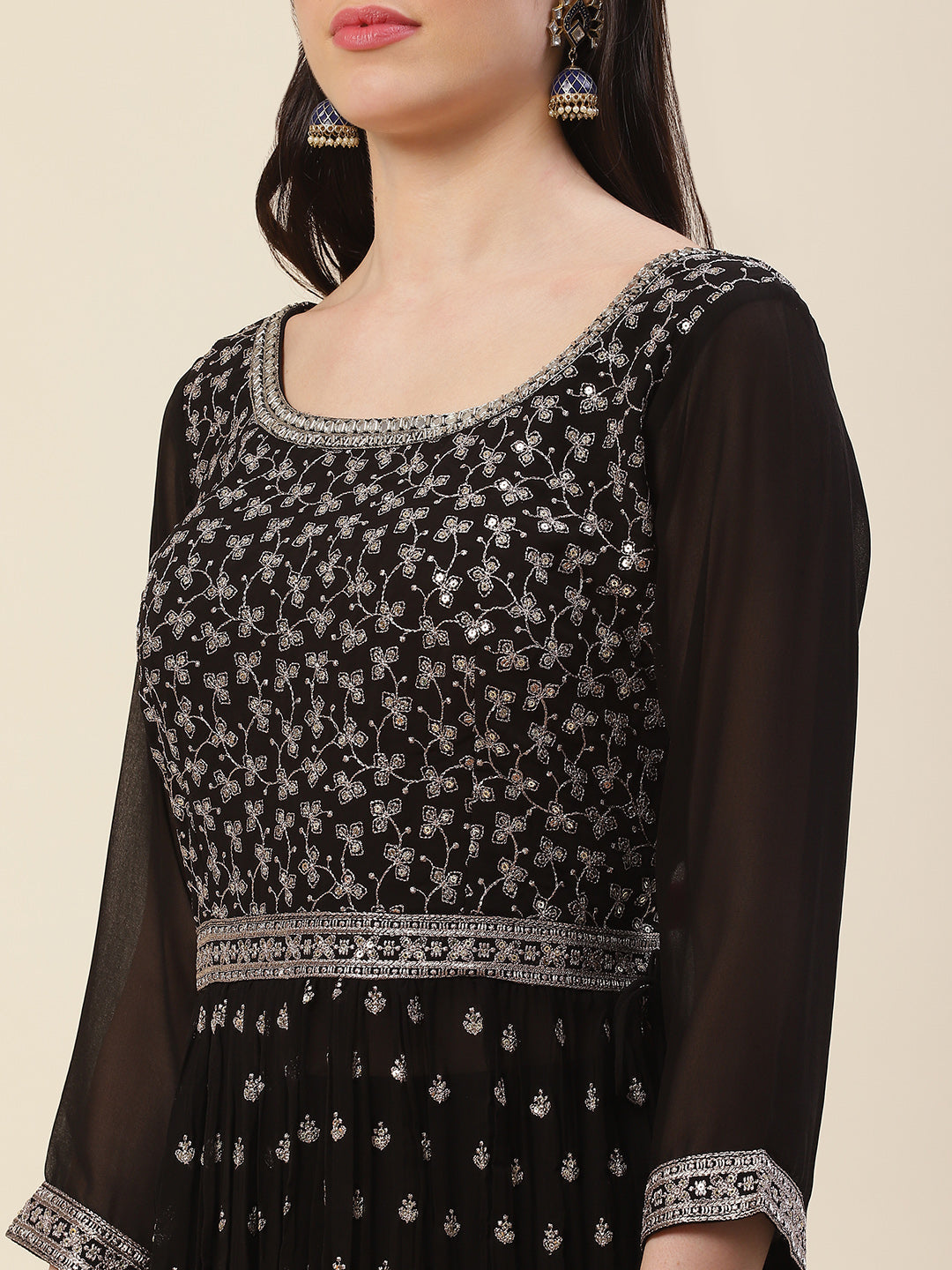 Zari Embroidered Georgette Kurta With Pants &amp; Dupatta