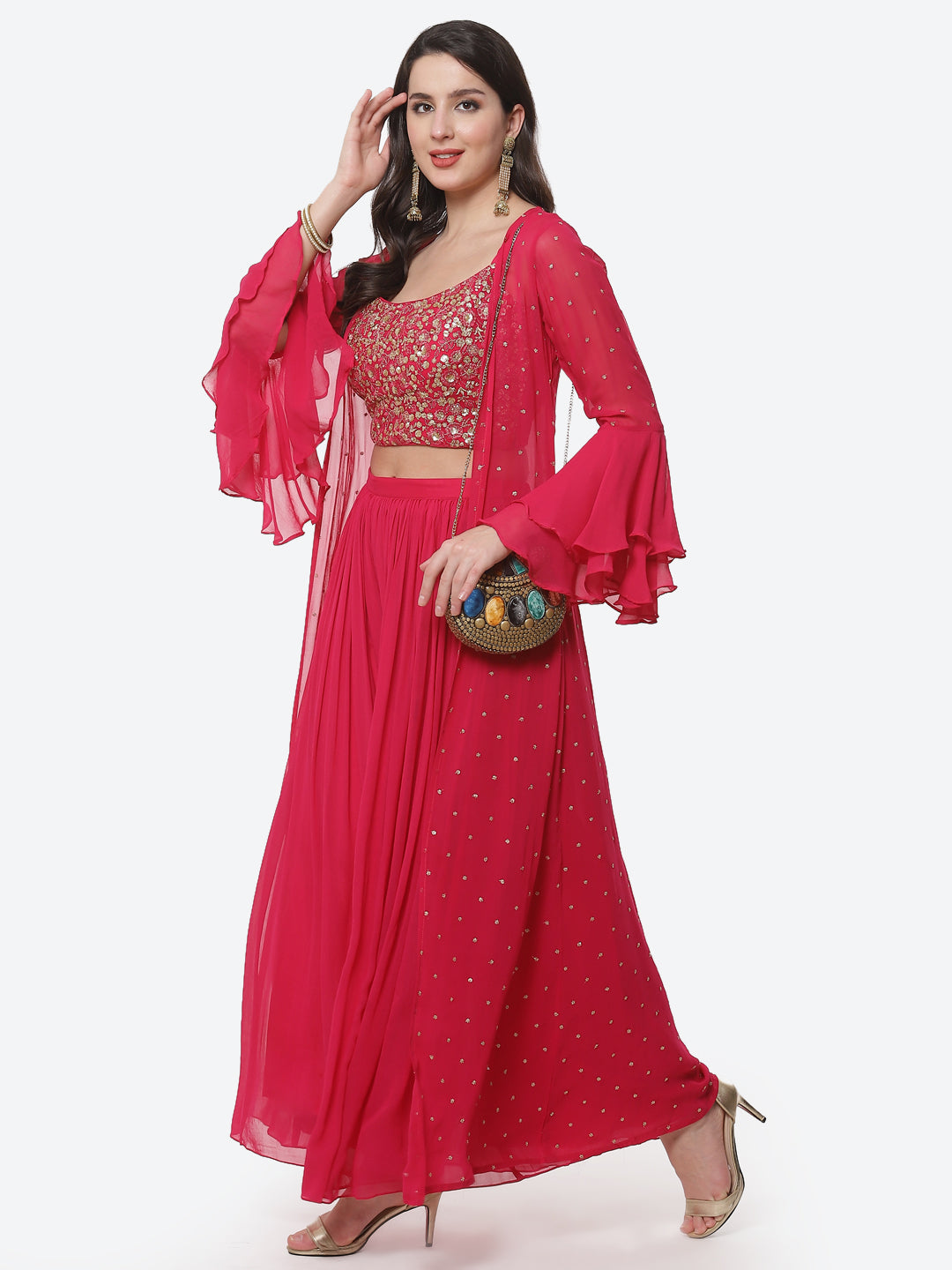 Embroidered Georgette Top With Pleated Palazzo &amp; Jacket